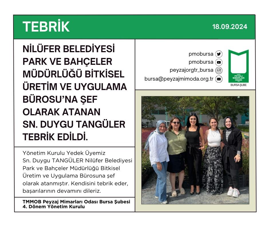 TEBRİK | NİLÜFER BELEDİYESİ PARK VE BAHÇELER MÜDÜRLÜĞÜ BİTKİSEL ÜRETİM VE UYGULAMA BÜROSU’NA ŞEF OLARAK ATANAN SN. DUYGU TANGÜLER TEBRİK EDİLDİ.