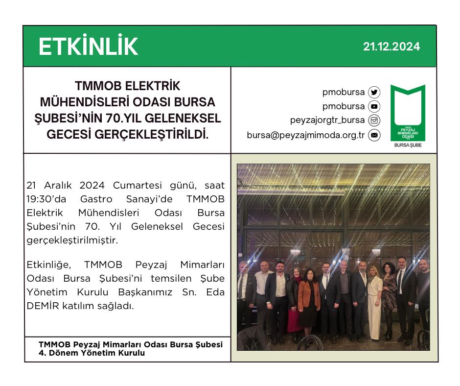 ETKİNLİK | TMMOB ELEKTRİK MÜHENDİSLERİ ODASI BURSA ŞUBESİ’NİN 70.YIL GELENEKSEL GECESİ GERÇEKLEŞTİRİLDİ.