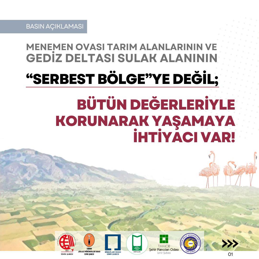 MENEMEN OVASI TARIM ALANLARININ VE GEDİZ DELTASI SULAK ALANININ “SERBEST BÖLGE”YE DEĞİL; BÜTÜN DEĞERLERİYLE KORUNARAK YAŞAMAYA İHTİYACI VAR! BASIN AÇIKLAMASI