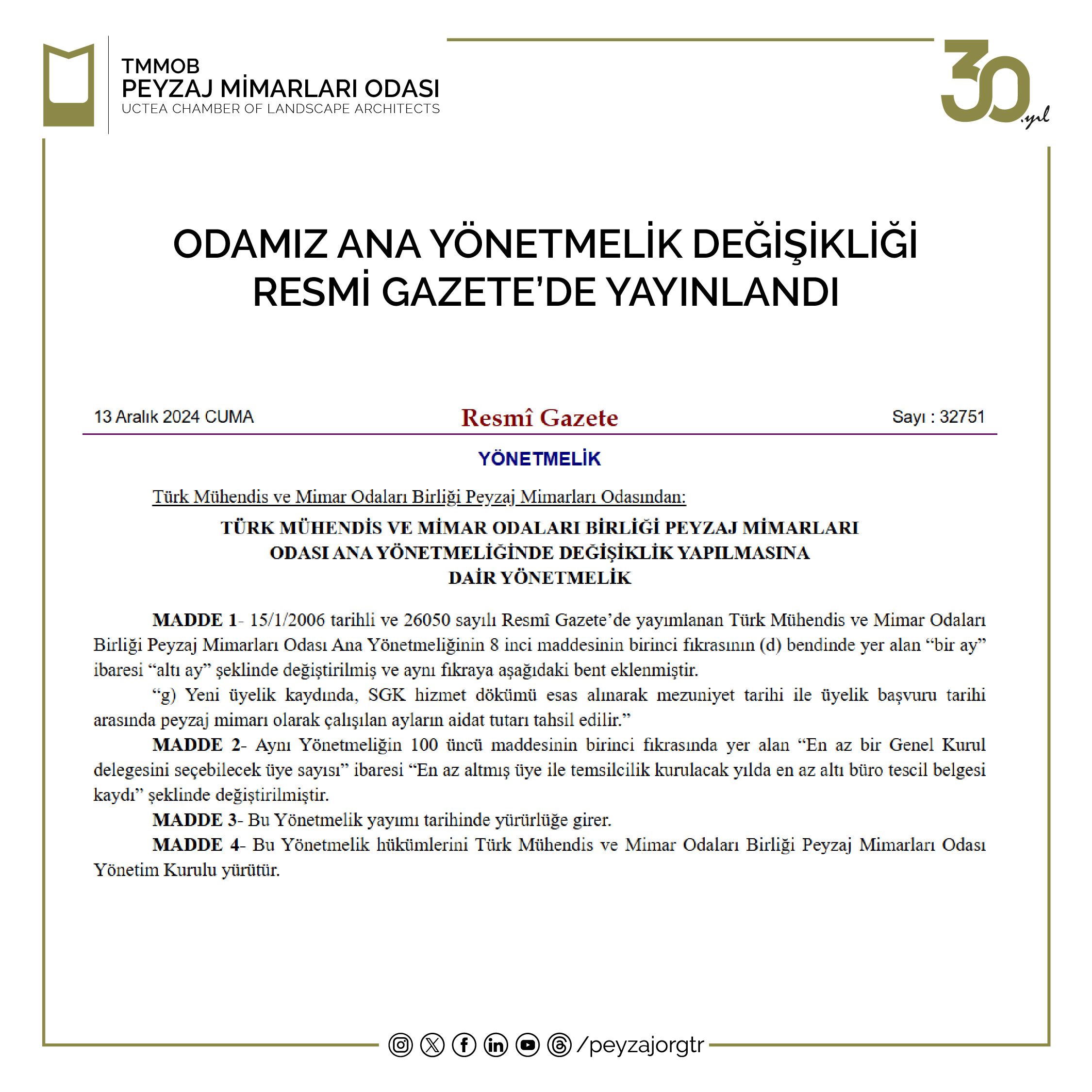 ODAMIZ ANA YÖNETMELİK DEĞİŞİKLİĞİ RESMİ GAZETE’DE YAYINLANDI