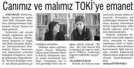 AFET YASA TASARISI VE TOKÎ`YE DEVİR -EVRENSEL -13 MART 2012