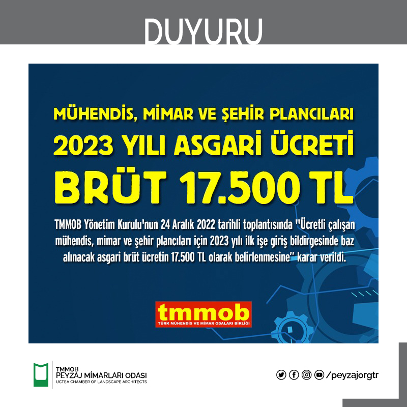 MÜHENDİS, MİMAR VE ŞEHİR PLANCILARI İÇİN 2023 YILI ASGARİ ÜCRETİ OCAK AYI İTİBARI İLE 17.500 TL OLARAK GÜNCELLENDİ