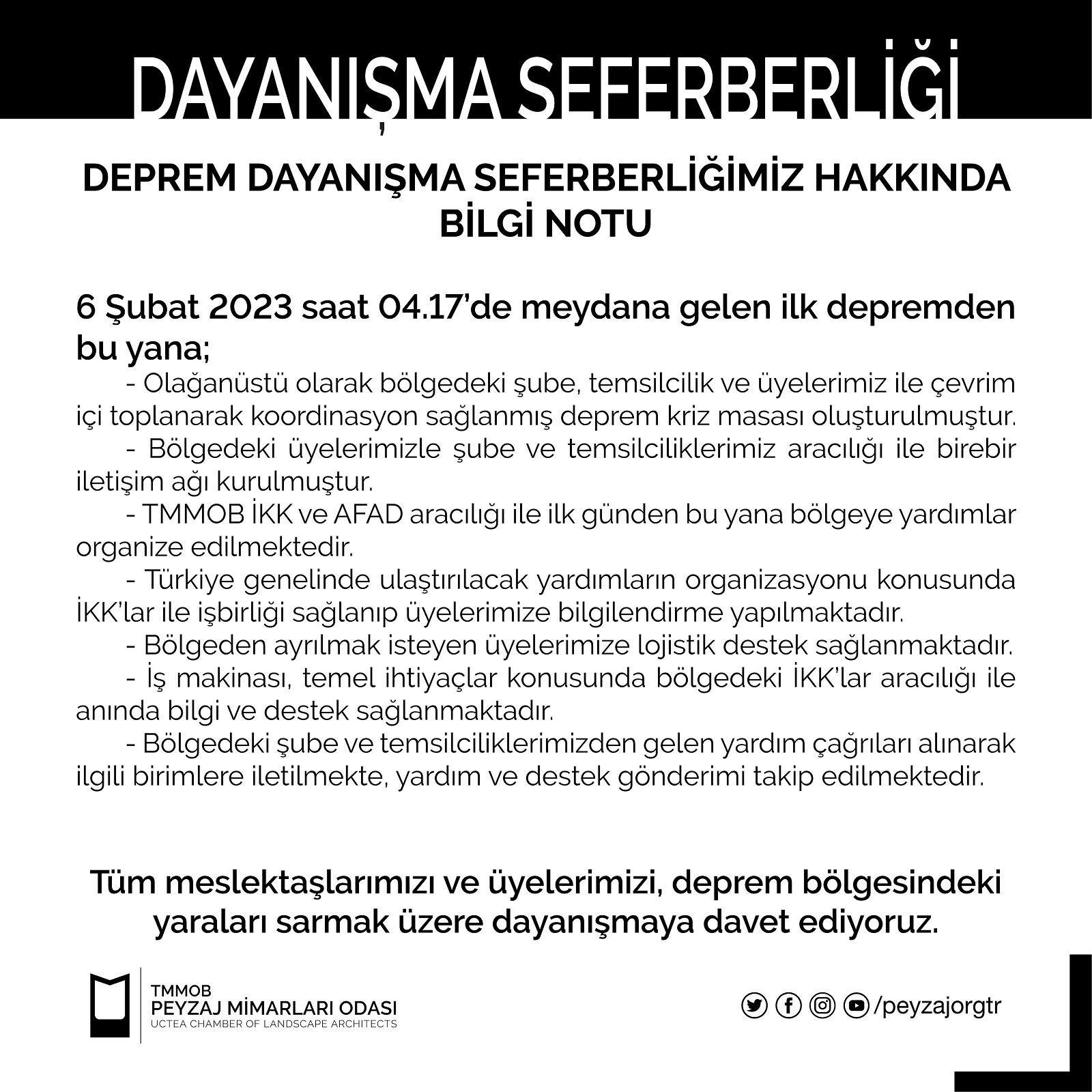 DEPREM DAYANIŞMA SEFERBERLİĞİMİZ HAKKINDA BİLGİ NOTU