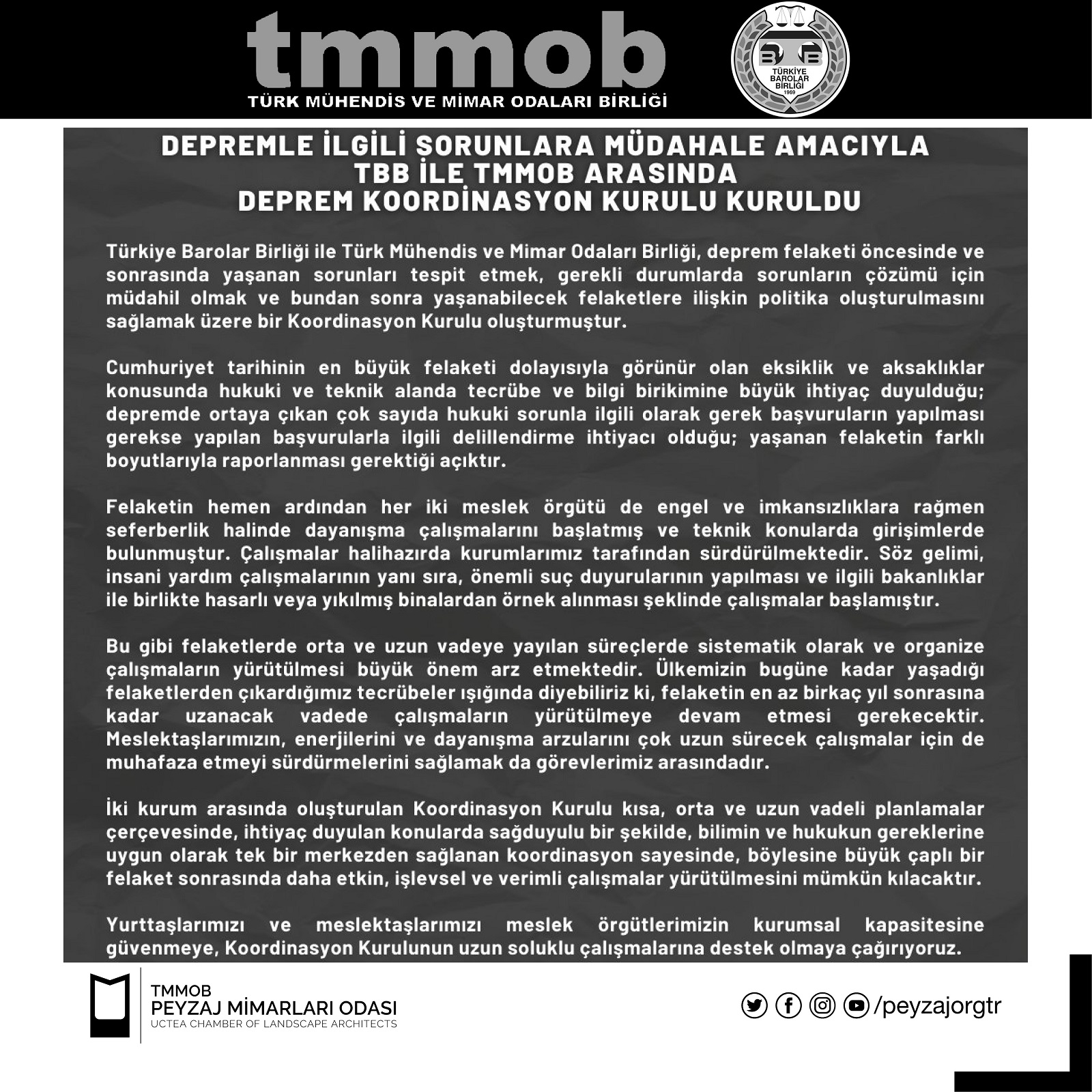 TMMOB VE TBB ARASINDA DEPREM KOORDİNASYON KURULU OLUŞTURULMUŞTUR